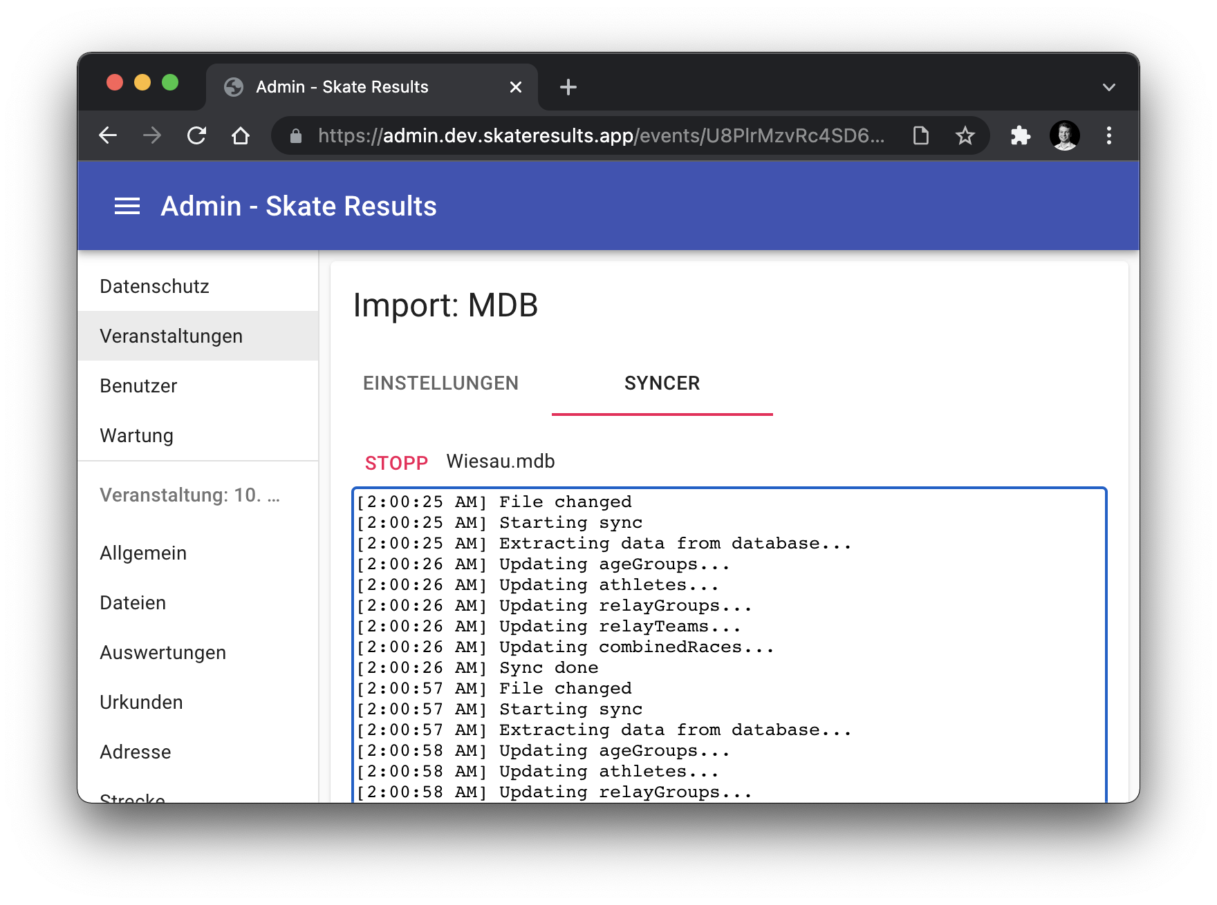 Syncer tab in running state