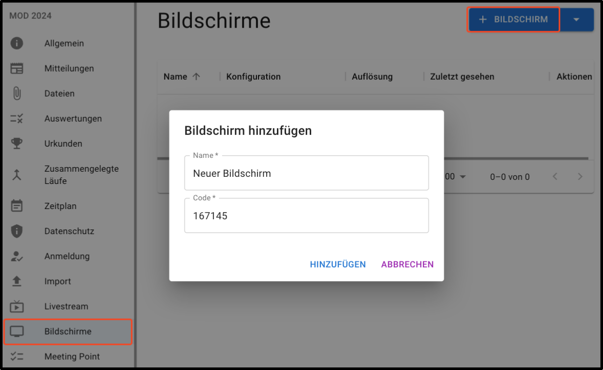 Einen neuen Bildschirm hinzufügen