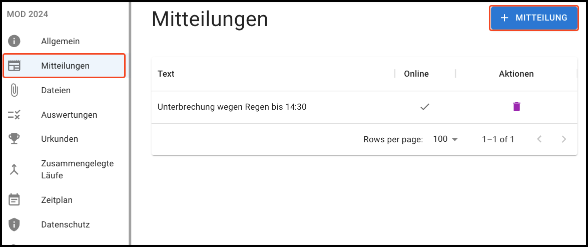 Screenshot der Mitteilungsliste